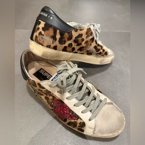 Golden Goose Leopard Print Low-Top Sneakers with Red Glitter Star